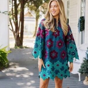 J. Marie Asher XS Floral Lace 3/4 Sleeve Kaftan Short Dress Wine/Blue/Green NWT